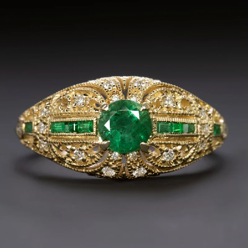 women’s designer gold rings -VINTAGE STYLE EMERALD DIAMOND COCKTAIL RING 14k YELLOW GOLD ART DECO DOME GREEN