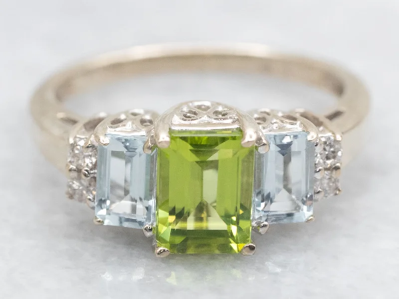 women’s affordable engagement rings -White Gold Peridot, Aquamarine, and Diamond Ring