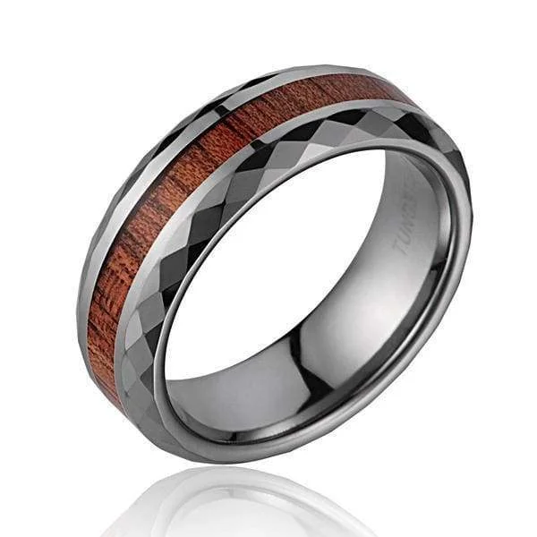 vintage engagement rings for women -Miles Genuine Tungsten Hawaiian Koa Wood Band Smooth Diamond Cut Comfort Fit - 7mm