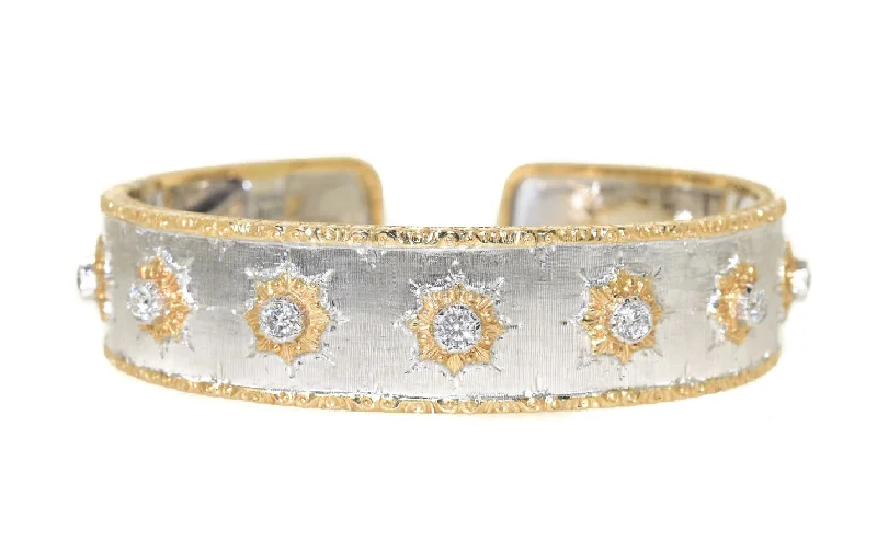 women’s silver bangles -18kt Two Tone Hand Engraved Diamond Cuff Bracelet (.70 ctw)