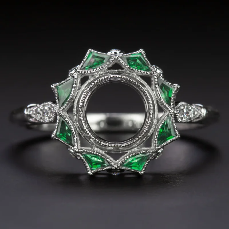 women’s rings -EMERALD DIAMOND VINTAGE STYLE SEMI MOUNT RING HALO WHITE GOLD SETTING CALIBRE