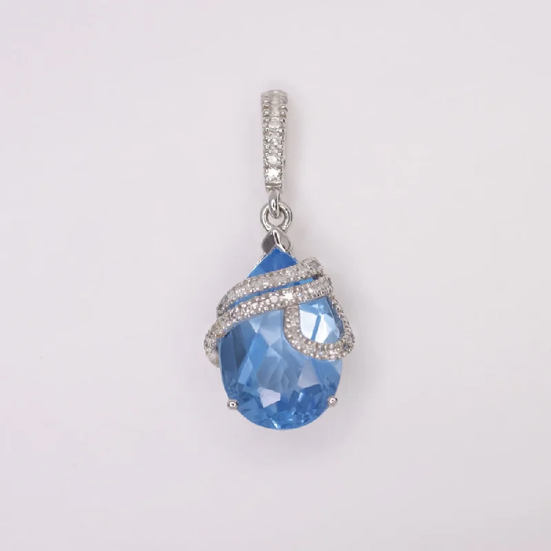 women’s black diamond rings -BLUE TOPAZ DIAMOND PENDANT WHITE GOLD NATURAL PEAR SHAPE TEARDROP NECKLACE