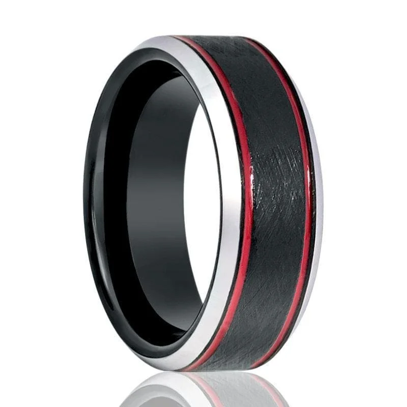 women’s gemstone stacking rings -Black Ice Finish Tungsten Wedding Band with 2 Red Stripes on 2 sides Beveled Edge - 8mm