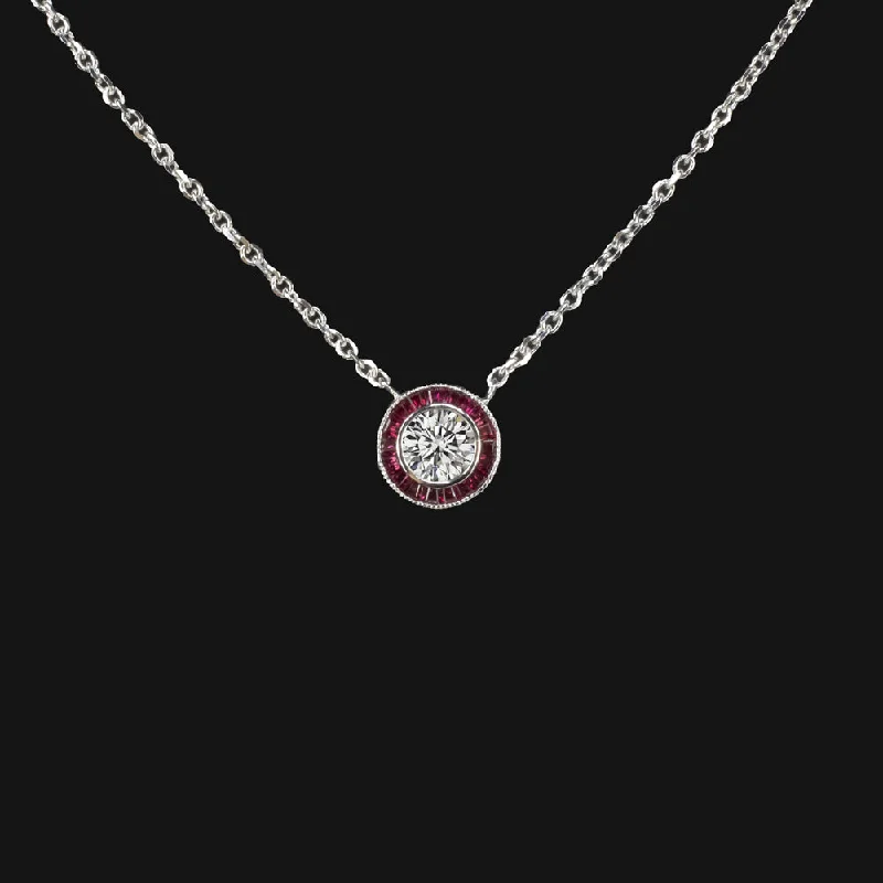 vintage engagement rings for women -DIAMOND RUBY PENDANT NECKLACE VINTAGE STYLE ART DECO TARGET HALO NATURAL RED