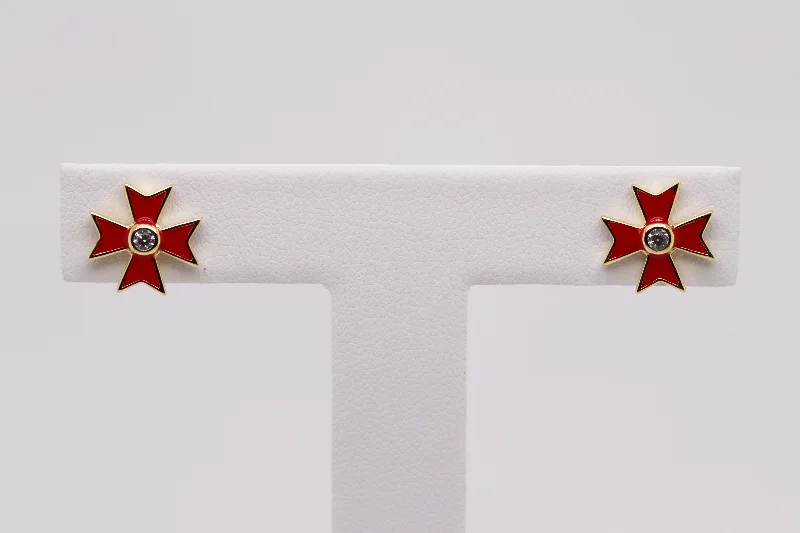 ChatGPT 说：Red and Gold Maltese Cross Earrings Ref: MT01E-RED-YG