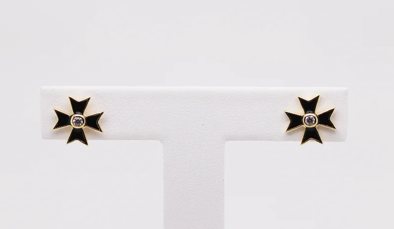 women’s casual earrings -Black and Gold Maltese Cross Earrings Ref: MT01E-BLACK-YG