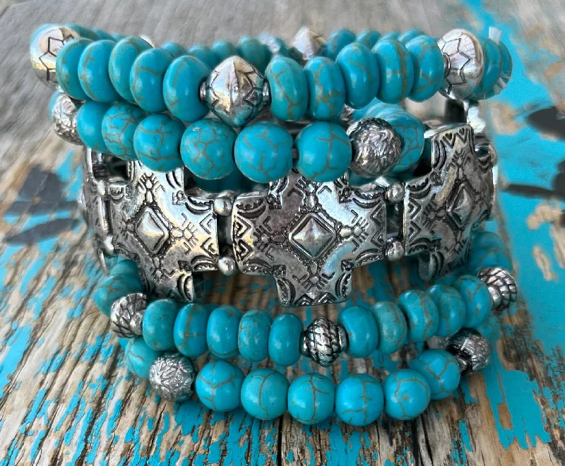 women’s leather bracelets -Turquoise & Crosses Multi Bracelets