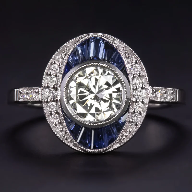 women’s cocktail rings -DIAMOND SAPPHIRE COCKTAIL RING VINTAGE STYLE 14k WHITE GOLD ROUND CUT HALO BEZEL