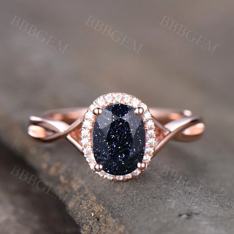 women’s rings with diamonds -1.5CT Pink Gold Blue Sandstone Wedding Ring Diamond Halo Infinity Plain Gold Band