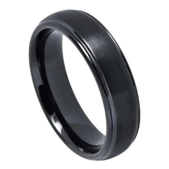 women’s contemporary rings -Black Tungsten Ring With Brushed Center High Polished Stepped Edges - 6mm & 8mm