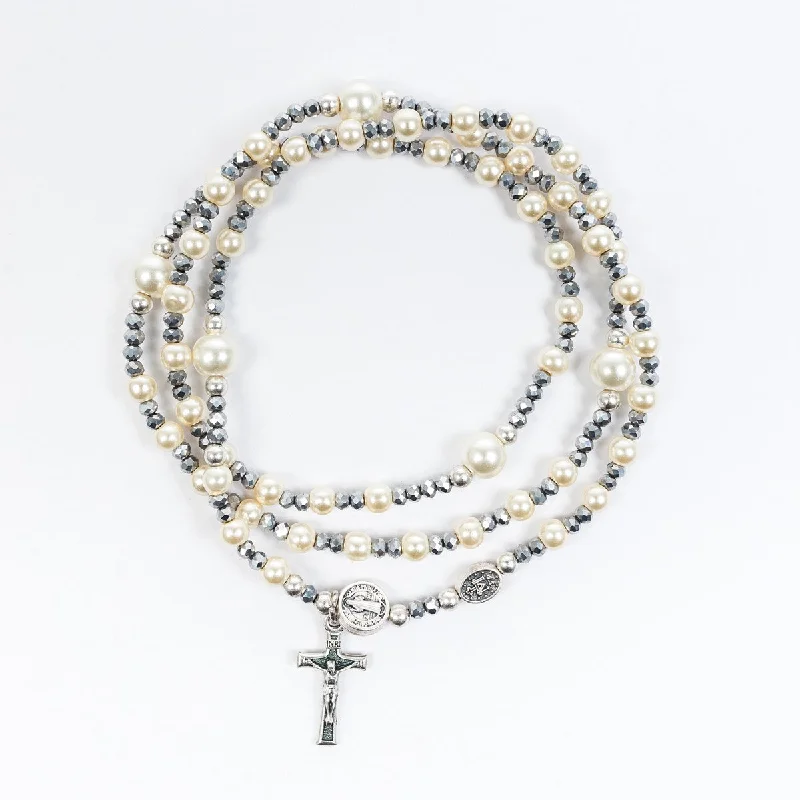 affordable bangles and bracelets for women -Rosary Wrap Bracelet - White/Pearl