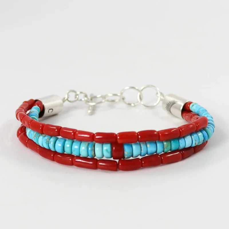 adjustable bracelets for women -Turquoise and Coral Bead Bracelet