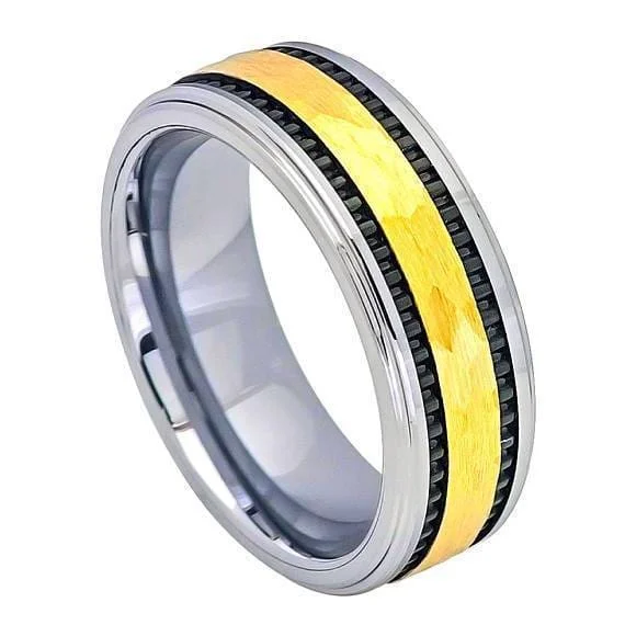 women’s ruby rings -Mens Tungsten Wedding Ring Yellow Gold IP Hammered Center with Black Stripes- 8mm