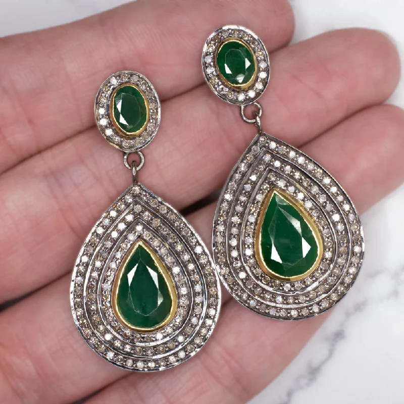 women’s diamond cocktail rings -NATURAL DIAMOND EMERALD EARRINGS STATEMENT DROP DANGLE PEAR TEARDROP GREEN BIG