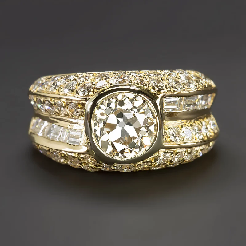 women’s wedding bands -3.38ct VINTAGE DIAMOND COCKTAIL RING OLD EUROPEAN CUT 10gm 18k YELLOW GOLD WIDE