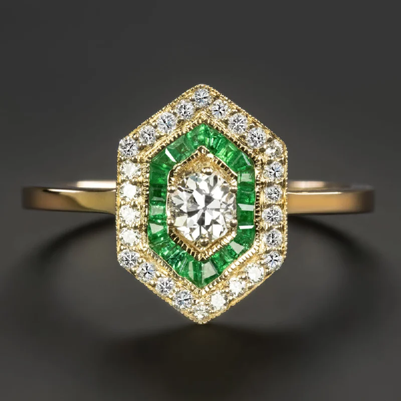 women’s sapphire rings -OLD EUROPEAN CUT DIAMOND EMERALD RING VINTAGE ART DECO STYLE HALO YELLOW GOLD