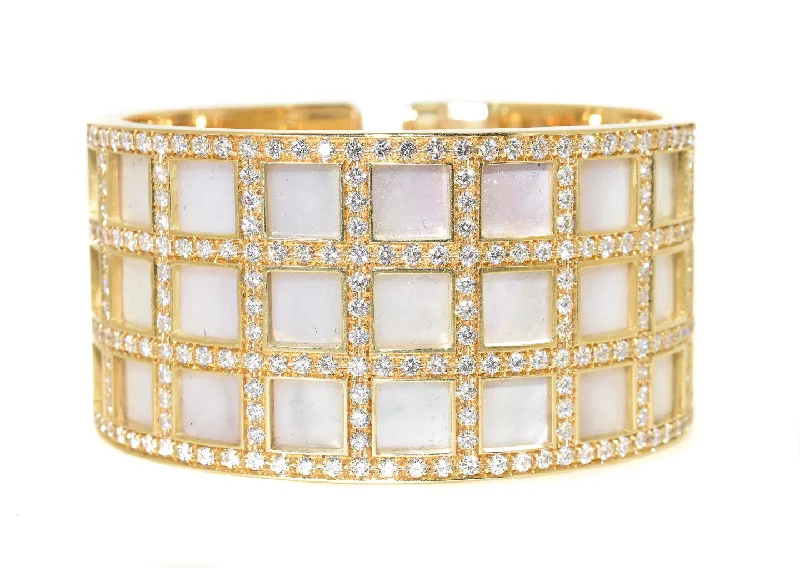 men’s and women’s matching bracelets -18kt Yellow Gold Mother of Pearl & Diamond Cuff Bracelet