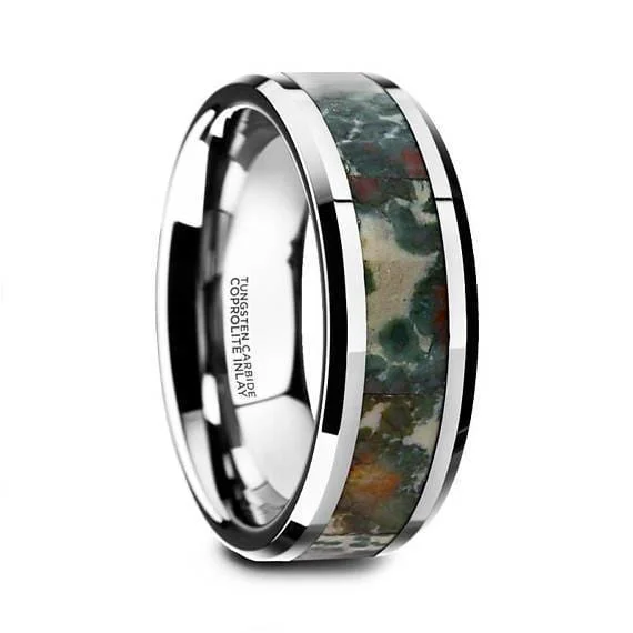 women’s infinity rings -Camo Tungsten Wedding Ring Coprolite Fossil Inlay Beveled Polished Finish - 8mm