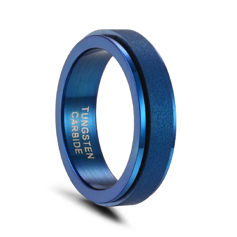 women’s eco-friendly engagement rings -Blue Tungsten and Stainless Steel Wedding Rings Sandblasted Spinner Band