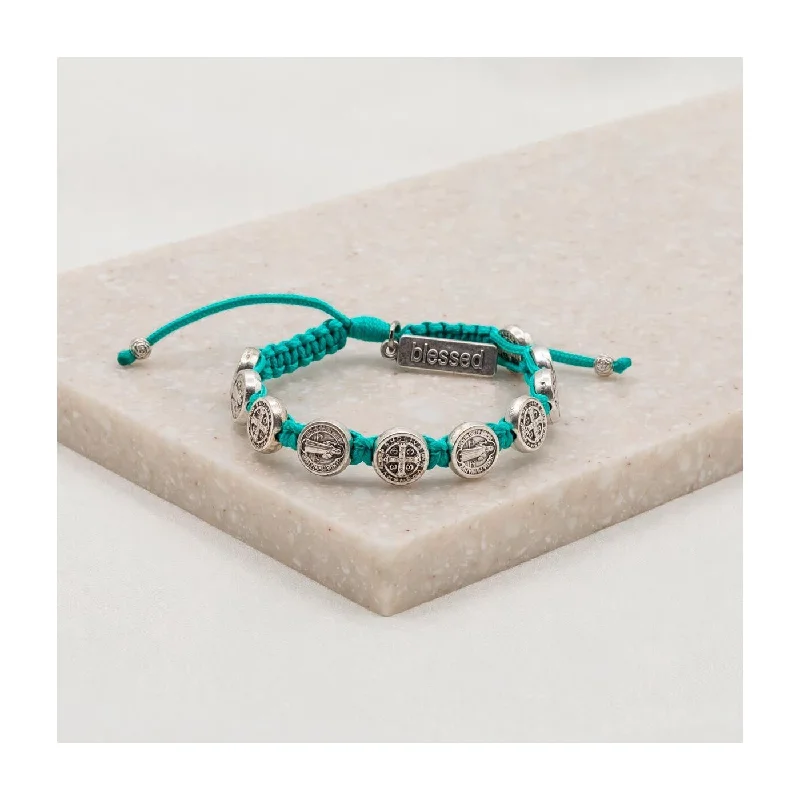 women’s braided bracelets -Benedictine Blessing Bracelet - Silver/Turquoise