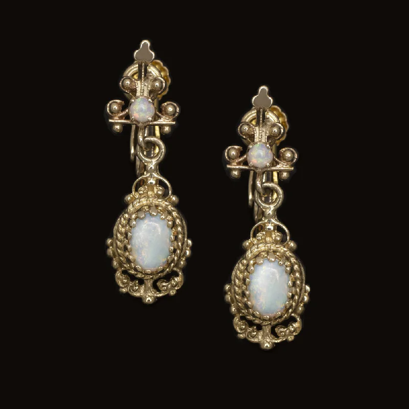 women’s elegant diamond rings -VINTAGE OPAL DANGLE EARRINGS 14k YELLOW GOLD DROP ESTATE JEWELRY NATURAL OVAL