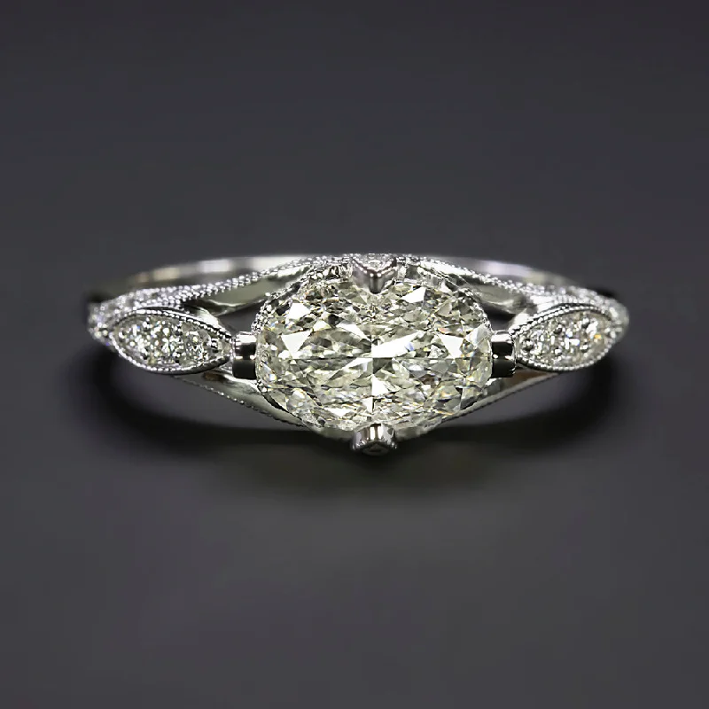 women’s gemstone rings -1.36ct OVAL DIAMOND COCKTAIL RING EAST WEST VINTAGE STYLE ENGAGEMENT WHITE GOLD