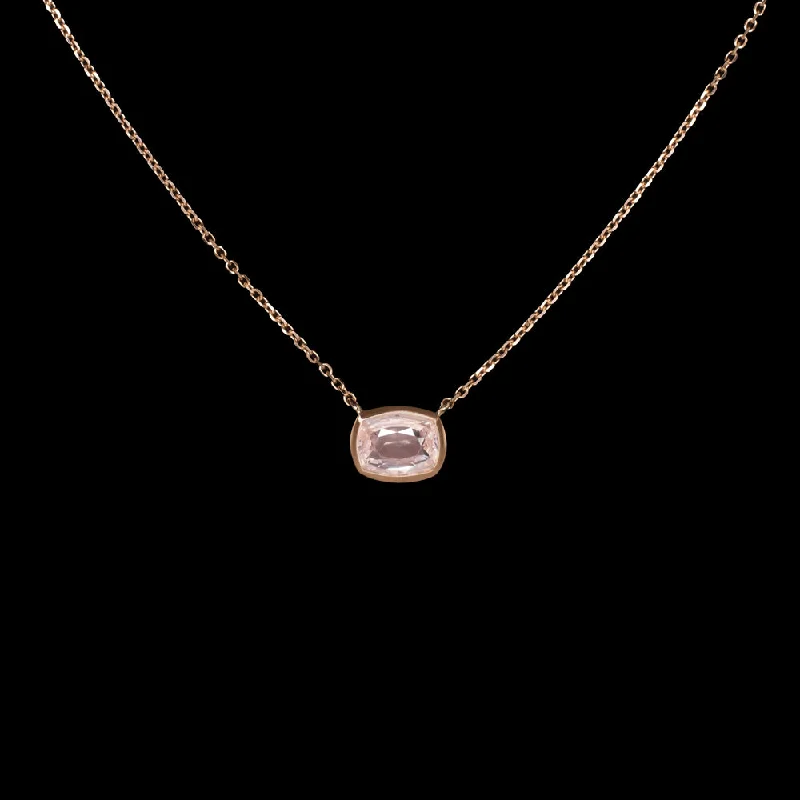 women’s engagement rings -PEACH SAPPHIRE PENDANT NECKLACE CUSHION BEZEL EAST WEST 14k ROSE GOLD 1.23ct