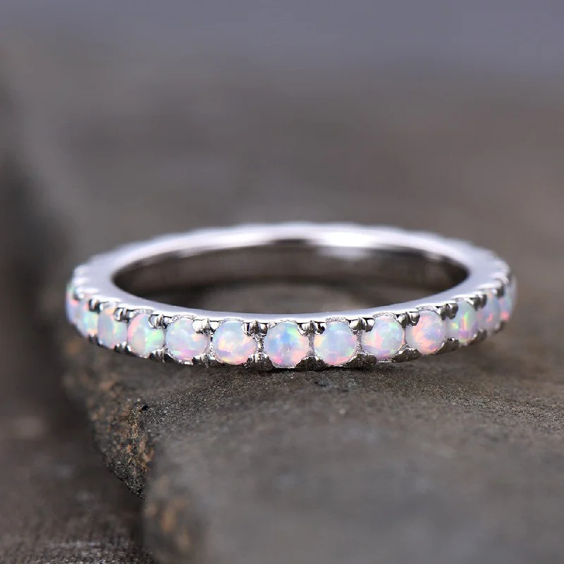 women’s custom engraved rings -Opal Ring,Opal Wedding Band,Eternity Band,Stacking Ring,Matching Band,Promise Ring,Anniversary,Gift for Women,White Gold Plated