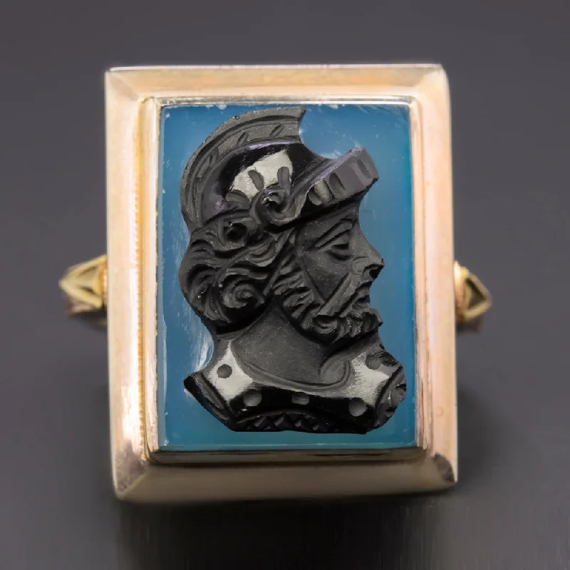 gold solitaire rings for women -ANTIQUE ROMAN SOLDIER CAMEO RING 14k TRI TONE GOLD NEO CLASSICAL BLUE INTAGLIO