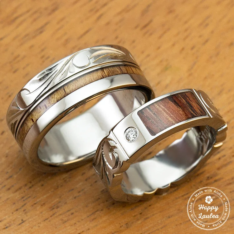 women’s delicate engagement rings -Pair of 6&8mm Assorted Titanium Couple/Wedding Rings with Koa Wood Inlay Hand Engraved with Hawaiian Heritage Design