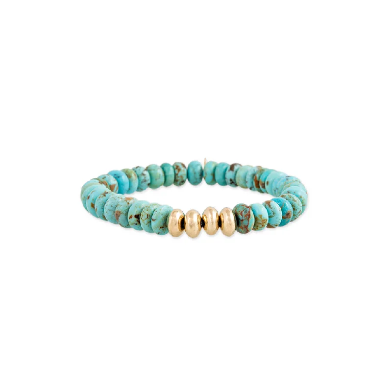 designer charm bracelets for women -4 GOLD BEADS + TURQUOISE BEADED STRETCH BRACELET