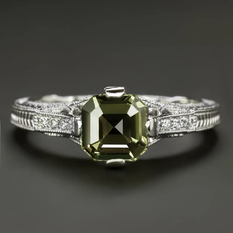 women’s engagement rings -GREEN SAPPHIRE DIAMOND VINTAGE STYLE RING ASSCHER CUT 14k WHITE GOLD NATURAL