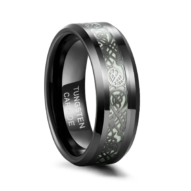 women’s emerald engagement rings with diamonds -Celtic Dragon Wedding Rings with Green Carbon Fiber Glow in the Dark