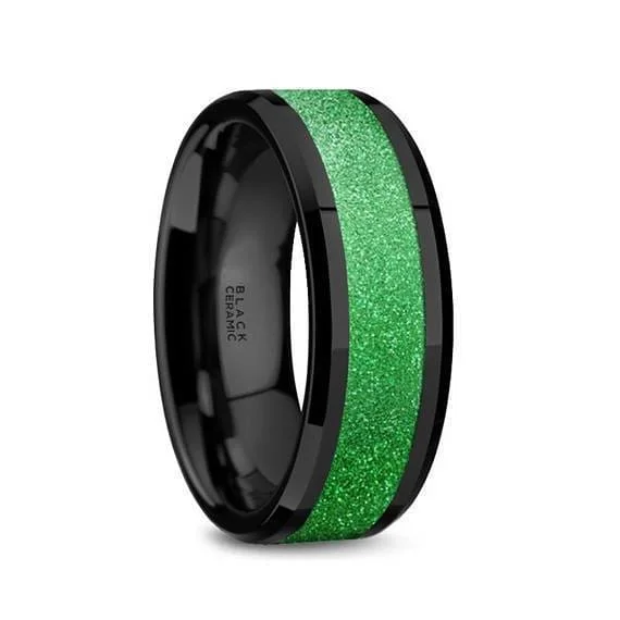 women’s geometric rings -Black Ceramic Wedding Ring Sparkling Green Inlay Beveled Polished Finish - 8mm