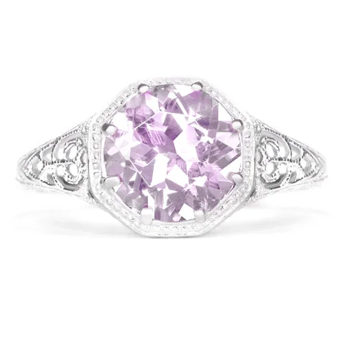 custom rings for women -PINK AMETHYST STERLING SILVER VINTAGE STYLE SOLITAIRE RING ART DECO FILIGREE