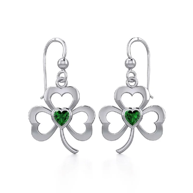 women’s emerald earrings -Silver Shamrock Earrings with Heart Gemstone TER1835