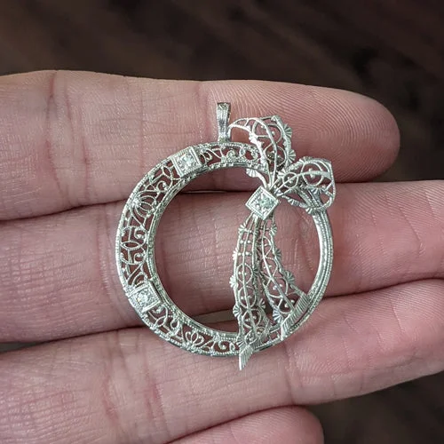 women’s custom birthstone rings -VINTAGE DIAMOND WREATH PENDANT BOW RIBBON CIRCLE FILIGREE NECKLACE WHITE GOLD