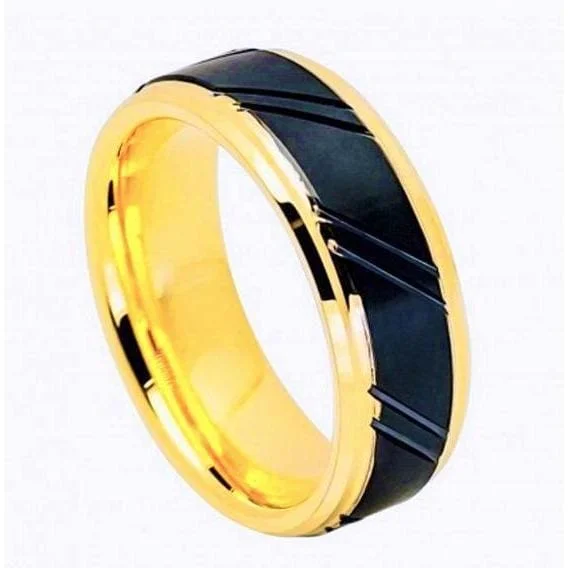 women’s gold gemstone rings -Mens Tungsten Wedding Band Gold Inner Ring Diagonally Grooved Center & Black IP - 8mm