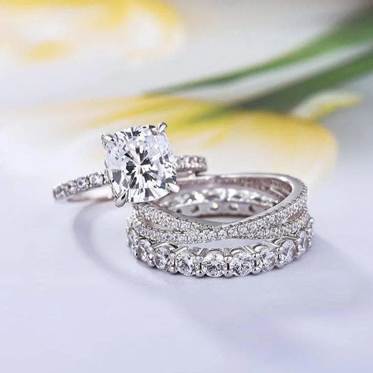 women’s two-tone engagement rings -3pc Gorgeous Cushion Cut Simulated Diamond Ring Set