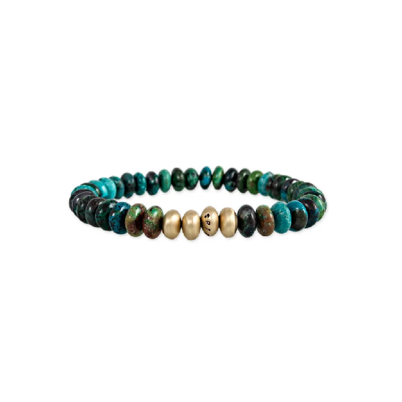 luxury bracelets for women -4 SATIN GOLD BEADS + CHRYSOCOLLA BEADED STRETCH BRACELET