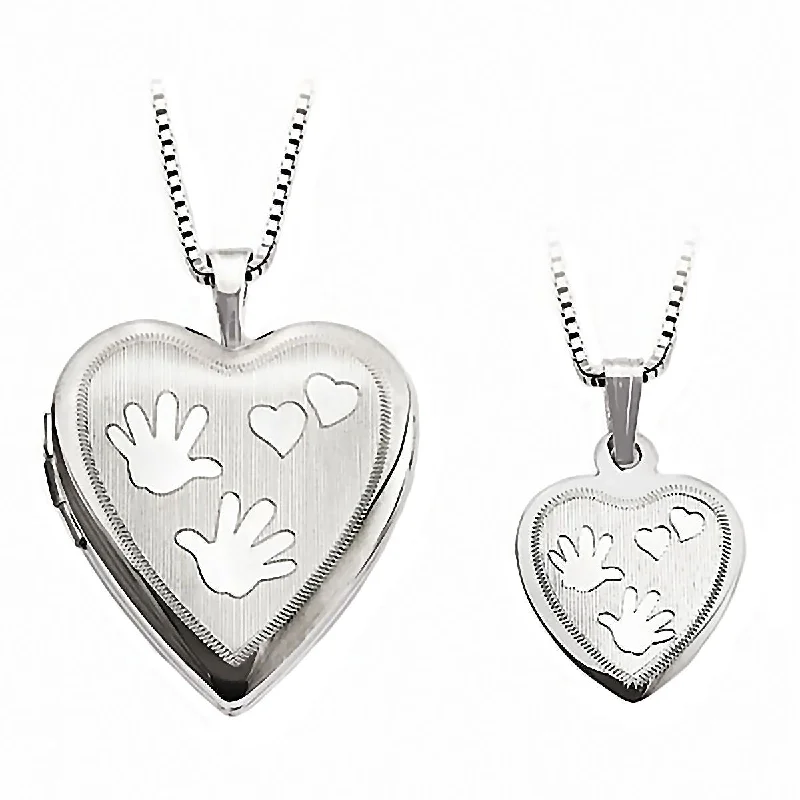 women’s heart-shaped necklaces -Hand Print Just Like Mommy 925 Silver Heart Locket and Pendant Necklace Set