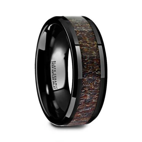 women’s eternity rings with diamonds -Black Ceramic Wedding Ring Deer Dark Brown Antler Inlay Beveled Finish - 6 & 8mm