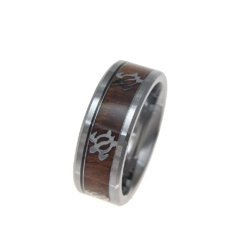 women’s fashion gemstone rings -Mens Honu Turtle Tungsten Ring Hawaiian Koa Wood Band Genuine Inlay Comfort Fit - 8mm