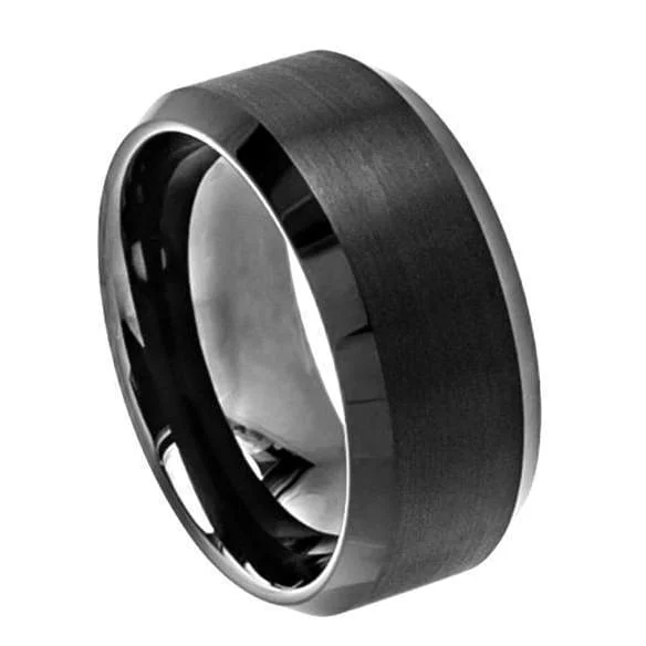 boho rings for women -Mens Black Tungsten Wedding Band Brushed Center High Polish Beveled Edge - 10mm