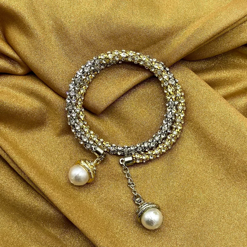 unique bangles for women -Classic Pearl Silver and Golden Combination Bracelet