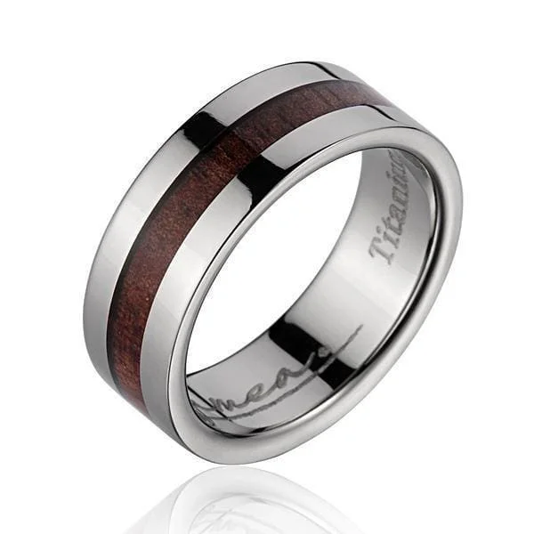 women’s elegant diamond rings -Naftali Titanium Wedding Band Genuine Inlay Hawaiian Koa Wood Ring - 8mm