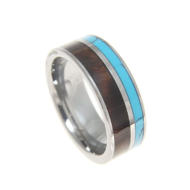 silver eternity rings for women -Mens Tungsten Wedding Band Turquoise Hawaiian Koa Wood Comfort Fit Ring - 8mm